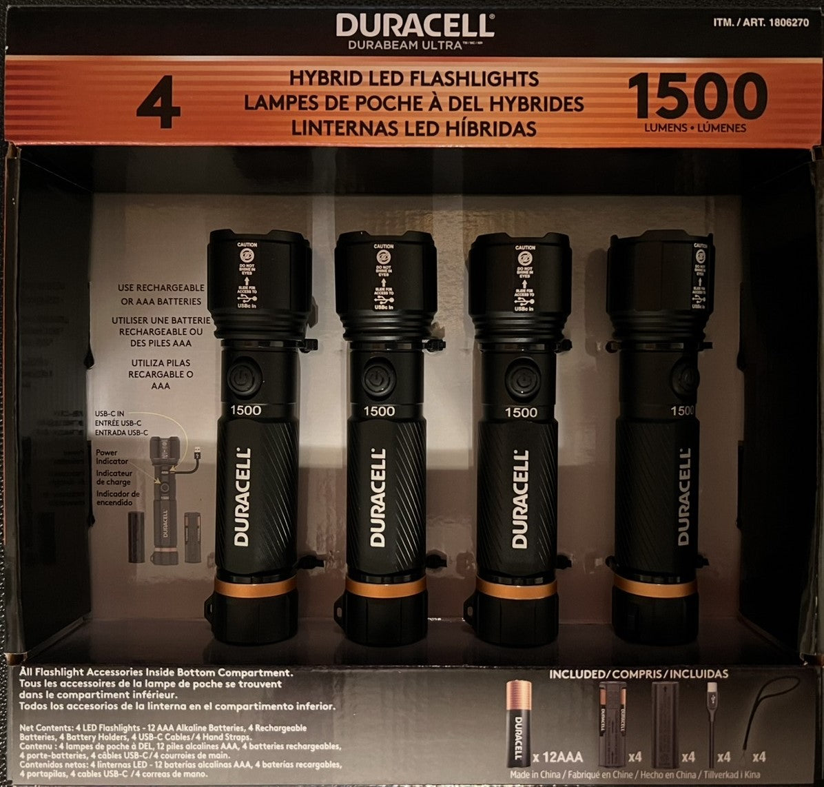 DURACELL Durabeam Ultra Hybrid LED Flashlights, 1500 Lumens, Set of 4