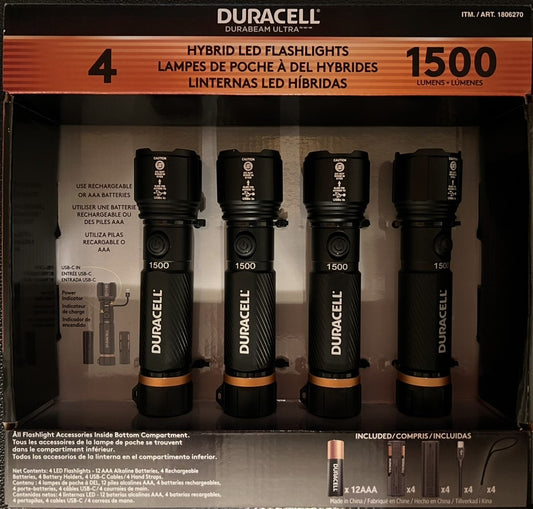DURACELL Durabeam Ultra Hybrid LED Flashlights, 1500 Lumens, Set of 4